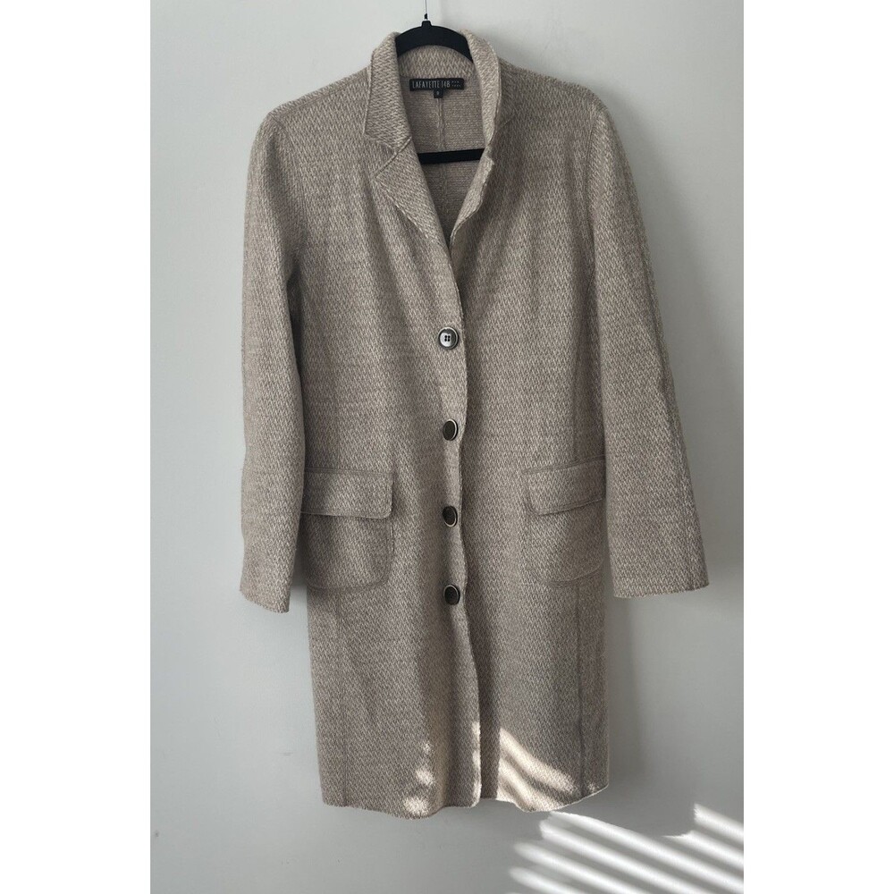 Lafayette 148 Wool Jacket Coat Size 8 MIDI Length Cream Khaki Neutral Modern